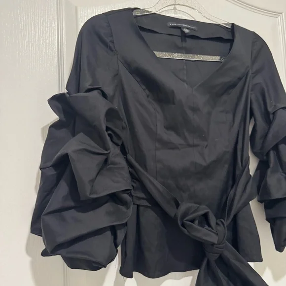 WHBM Ruffle Sleeve Black Blouse Waist Tie Size 2 - Picture 4 of 10